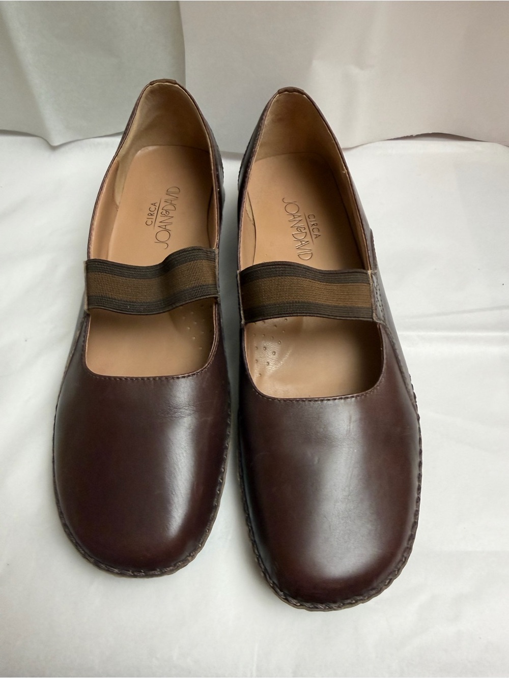 Joan & David Brown Leather Mary Jane Flats with Elastic Strap